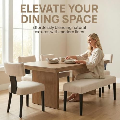 HNY Mid Century Modern Farmhouse Dining Chairs Set of 6, Linen Upholstered Accent Curved Backrest Kitchen Chairs, with Black Hardwood Frame, Beige
