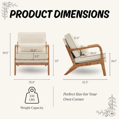 Karl home Mid-Century Modern Accent Reading Chair, Beige | Linen Upholstered, Solid Wood Frame, Soft Cushion, Lumbar Pillow, Lounge Armchair for Living Room, Bedroom, Balcony, Study