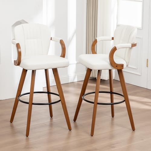 26" Swivel Counter Height Bar Stools with Back White Faux Leather Kitchen Island Bar Chairs with Arms,Spliced Pleated Wingback Barstools for Bar/Kitchen/Dining Room,Set of 2