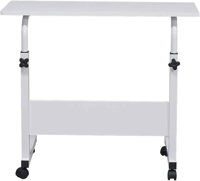 Portable Laptop Computer Desk Stand with Wheels, Rolling Sofa Side Snack Table, Height Adjustable Breakfast TV Tray Bedside Coffee， White L