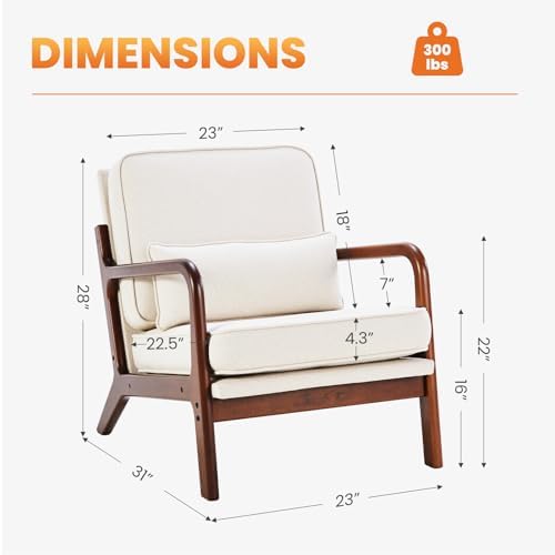 DUMOS Mid Century Modern Accent Chair, 16'' Seat Height Cozy Lounge Chair | Upholstered Armchair with Waist Cushion and Wood Frame for Living Room, Bedroom, Reading Nook, Balcony, Ivory White