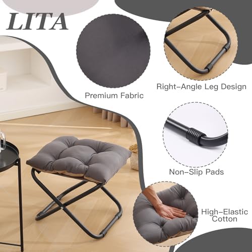 LITA Folding Upholstered Footrest with Straight & Square Shape,Small Ottoman， Dark Grey
