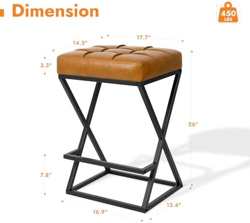 Bar Stools Set of 2, 26 Inch Counter Height Stool Faux Leather Brown | Backless Counter Stools with X-Frame Metal Legs, 3.3" Upholstered Seat, Mid-Century Modern, for Kitchen Island, Home Bar