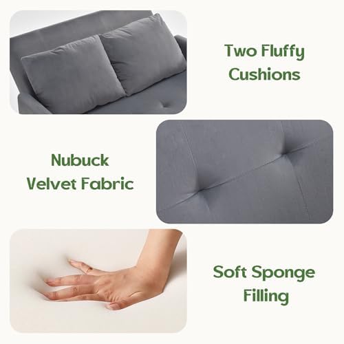 3 in 1 Convertible Pull Out Sleeper Couch Sofa Bed, Grey | Small Sleeper Sofa with Pillow, Adjustable Backrest Futon loveseat, Velvet Love Seat and Phone Holder for Living Room