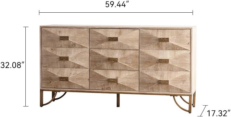 59.44" Light Wood Sideboard, Geometric Relief Buffet with 3 Drawers & 2 Doors, Gold Metal Legs for Living Room Dining Room Storage