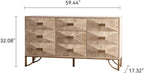 59.44" Light Wood Sideboard, Geometric Relief Buffet with 3 Drawers & 2 Doors, Gold Metal Legs for Living Room Dining Room Storage