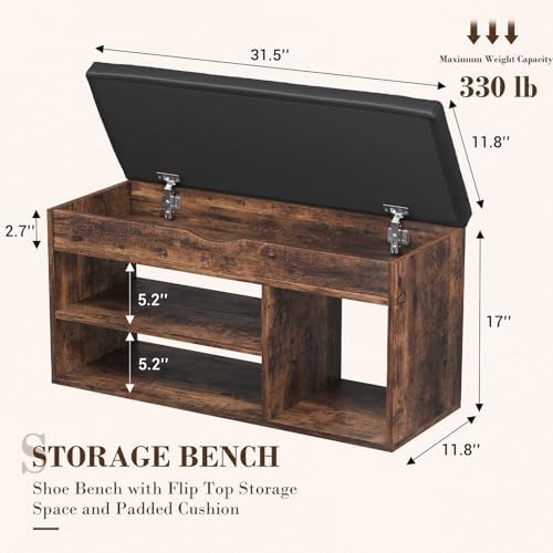 Apicizon 31 Inches Storage Bench with Padded Cushion, Shoe Bench with Storage Space, Upholstered Entryway Bench for Living Room, 2-Tier Shoe Rack Organizer, Brown