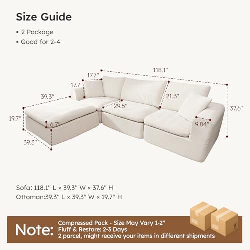 Modular Sectional Cloud Sofa, No Assembly Oversized Couch, Beige | Comfy Seating with High Back Pillows, Ideal for Living Room & Small Apartment, Durable Fabric for Families & Renters