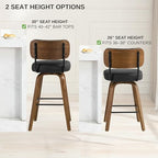 Swivel Bar Stools Set of 3, 26" Counter Height, Black | Walnut Wood Legs, Upholstered Seat, Supportive Backrest, Easy-Clean Faux Leather, Mid-Century Modern, 4-Inch Cushion