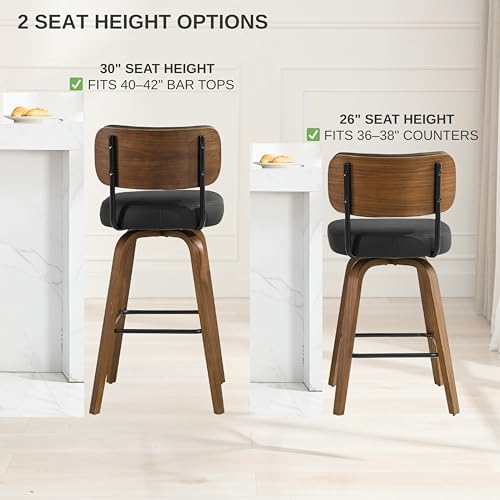 Swivel Bar Stools Set of 3, 26" Counter Height, Black | Walnut Wood Legs, Upholstered Seat, Supportive Backrest, Easy-Clean Faux Leather, Mid-Century Modern, 4-Inch Cushion