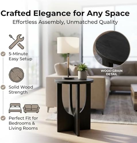 Stupa Solid Wood End Table – 22" Tall Round Side Table for Living Room or Bedroom, Handcrafted Accent Table in Distressed Black Finish, Easy Assembly, Modern Minimalist Design for Small Spaces