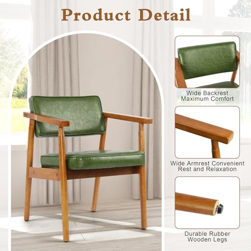 LSSPAID Mid Century Dining Chairs with Wooden Handrail, Pu Upholstered Armchair Comfy Backrest Modern Kitchen Chairs for Bedroom Living Room Dining Room, Green, Set of 1