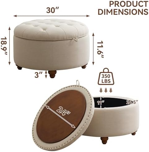 WUTUTUEE 30Inch Round Storage Ottoman with Tray, Modern Tufted Fabric Circle Coffee Table with Storage, Upholstered Ottoman with Removable Top for Living Room, Bedroom, Khaki
