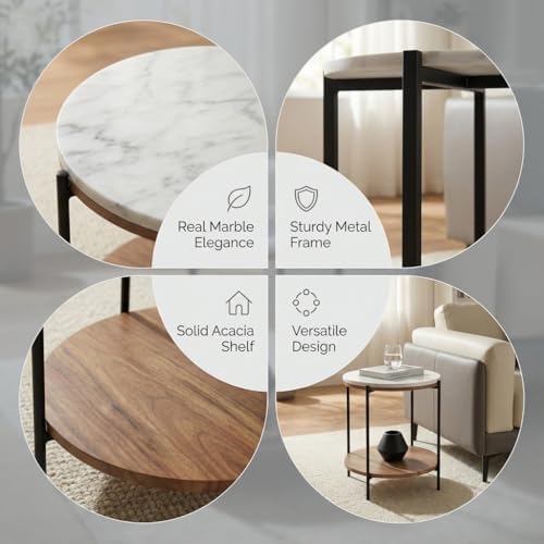 Lyra Round Marble End Table – Solid Acacia Wood Shelf, Open Storage Side Table for Living Room, Bedroom, Entryway, Small Spaces – Nightstand, Plant Stand, Modern Accent Table with Metal Frame
