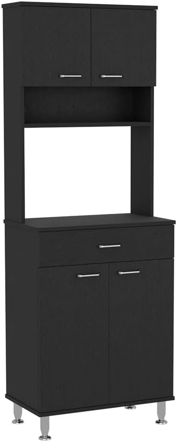 Pantry Cabinet 67" H, Four Doors, One Drawer, Three Internal Shelves, 2 External Storage Shelves, Microwave Storage Option, Four Legs, Black