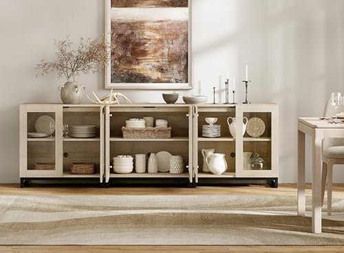 WAMPAT Sideboard Buffet Cabinets, Modern Credenza Sideboard with Adjustable Shelf and Metal Base, Coffee Bar Cabinet Accent Storage Cabinet for Living Room, Kitchen, Beige-A, 3 Pcs