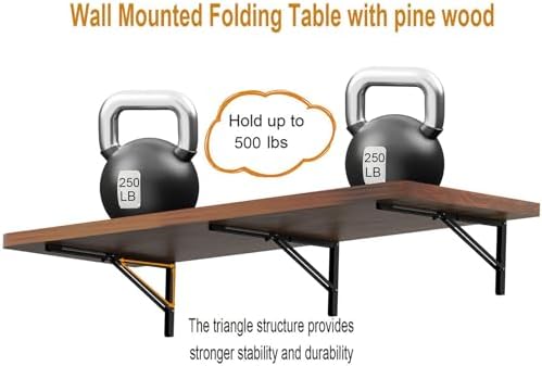 IAE Wall Mounted Folding Table with Pine Wood,60" x 16"Floating Wall Desk | Laundry Folding Table with Shelf Brackets,Fold Down Desk Shelf,Fold Workbench for Apartments,Home,Laundry Room,Kitchen,Teak