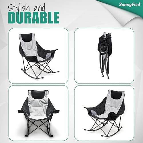 SUNNYFEEL Oversized Folding Rocking Camping Chair for Adults, 500lbs Grey | Heavy Duty Outdoor Rocker Camping Chairs, High Back Padded Lawn Recliner with Side Pocket & Carry Bag