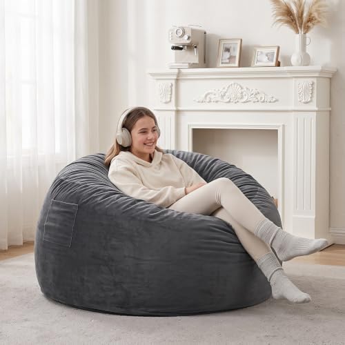 Kromax Bean Bag Chair with Filling Included, Large 4FT Comfy Bean Bag Chairs for Adults, Teens, Memory Foam, Machine Washable Thick Dutch Velvet Cover, for Living Room, Den, or Bedroom, Dark Grey