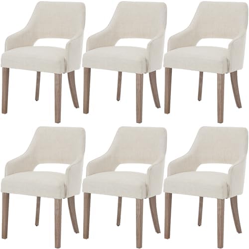 Dining Chairs Set of 6 Linen Upholstered Accent Kitchen Chair with Hollow Back/Padded Seat/Wood Legs for Dining Room Restaurant Home Decor, Beige
