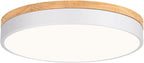 Modern Dimmable LED Close to Ceiling Light Minimalist Wood Oak Flush Mount Ceiling Light Fixture Circle Lighting with Lampshade for Bedroom Living Room Bathroom Laundry Room (White, 15.7'')