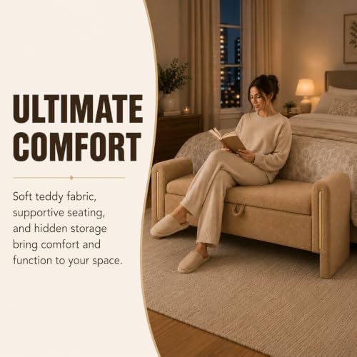 52" Upholstered Storage Bench, Brown, Armrests, Wood Frame | Mid-century storage ottoman bench, soft fabric, high-density foam. Perfect for end of bed, entryway, living room, bedroom.