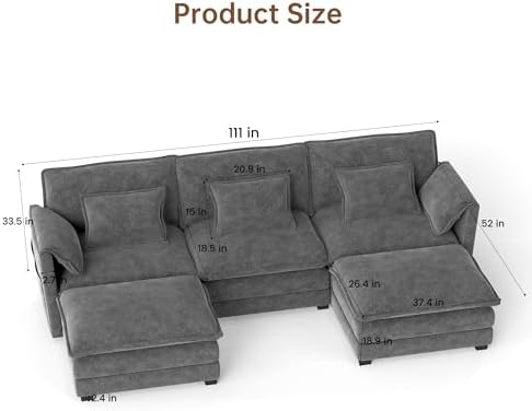 Modular Sectional Sofa, 111'' U Shaped Couch, Chenille Sofa with Movable Ottoman for Apartments, Living Room and Commercial Space, Dark Gray