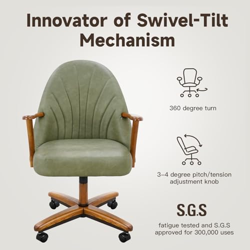 Chromcraft Bailey PU Leather Swivel-Tilt Caster Chair -Chestnut-Pine-4pc | Pet Friendly PU Leather Chairs with Soft Wheels, Ultra Comfy Sturdy Dining Room Chairs, Rolling Chair on Wheels for Home