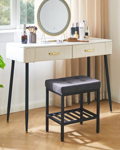 IBUYKE Rectangular Makeup Stool, Linen Seat Vanity Chair, Dark Gray WBD017G | Adjustable Feet Storage Space Footrest Multi-Use Small Side Table Ottoman Bedroom