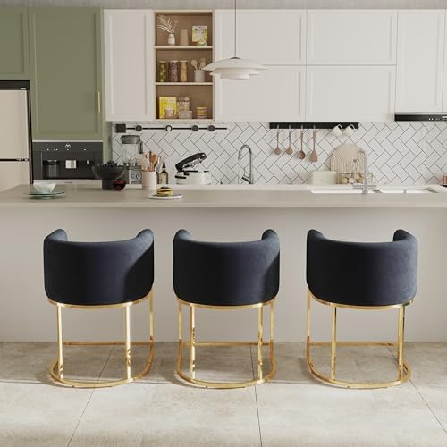 RIVOVA Black Velvet Bar Stools Set of 2, 24" Contemporary Upholstered Fabric Counter Height Barstools Kitchen Counter Island Stools with Golden Metal Base