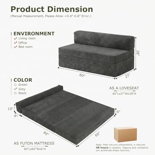 5-in-1 Convertible Sofa Bed, Loveseat, Tri-fold Futon Sofa Bed with Removable Cushions & Washable Cover, Pull Out Couch with Handle, for Small Spaces, Queen Size, Grey