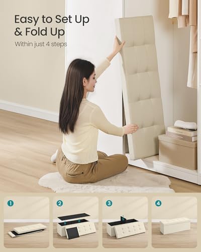 SONGMICS 43.3 Inches Folding Storage Ottoman Bench, Load 660 lb | Ottoman Foot Rest, Storage Chest, for Living Room, Entryway, Cream White and Ink Black, MINOTA Collection ULSF77BE