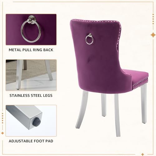 Velvet Dining Chairs Set of 4, Tufted Upholstered High Wingback Chairs with Nailhead Trim & Pull Ring, Silver Stainless Steel Legs for Dining Room, Sillas de Comedor, Purple