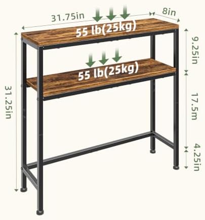 Simple Trending Console Table, 2-Tier Narrow Sofa Table, Rustic Brown | Entryway Table with Storage Shelf, Metal Frame, Adjustable Feet Pads, for Entryway, Living Room, 8 x 31.75 x 31.25Inches