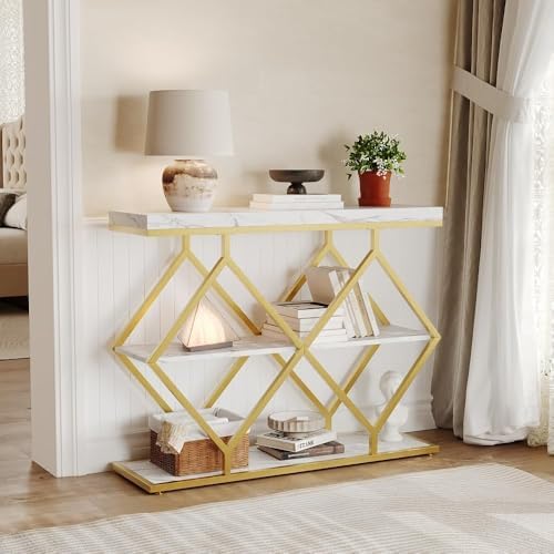 3-Tier Industrial Entryway Table with Diamond-Shaped Metal Frame, Open Shelf Console Sofa Table for Living Room, Hallway, Foyer Storage Accent Table with Adjustable Feet, Rustic Wood Top (White)