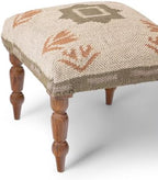 Handmade Jute Upholstered Ottoman Stool | Square Foot Rest with Wooden Legs | Decorative Accent Seating for Bedroom, Living Room, Entryway, Vanity & Hallway (Beige-Green)