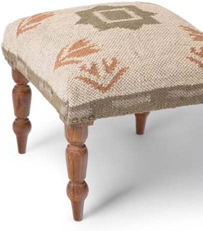 Handmade Jute Upholstered Ottoman Stool | Square Foot Rest with Wooden Legs | Decorative Accent Seating for Bedroom, Living Room, Entryway, Vanity & Hallway (Beige-Green)