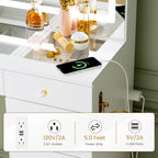 11 Drawers Glass Top Vanity Desk, Crystal Handles Makeup Vanity with Mirror and Lights, Dressing Table with Power Outlet, Adjustable Lighting Modes, White