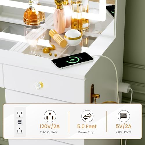 11 Drawers Glass Top Vanity Desk, Crystal Handles Makeup Vanity with Mirror and Lights, Dressing Table with Power Outlet, Adjustable Lighting Modes, White