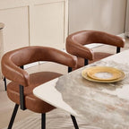 LukeAlon PU Leather Dining Chairs Set of 4, Simple Upholstered Side Chair with Padded Open Barrel Back Modern Guest Chair with Black Metal Legs for Kitchen Dining Room, Brown