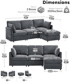 Iroomy Sectional Couch for Living Room, Comfy L Shaped Convertible Sofa, 4 Seater Modern Chenille Sofa with Ottoman, Grey