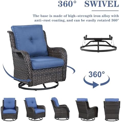 Belord Wicker Outdoor Furniture Patio Furniture Set - 6 Piece Patio Conversation Set with Swivel Rocker Chairs, Rattan Sofa, Ottomans and Coffee Table, Blue Cushion