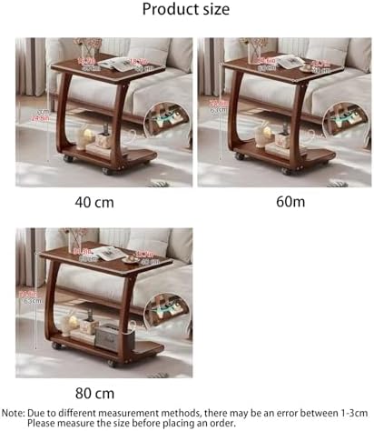 Modern C Shaped Solid Wood End Table with Rolling Wheels | Portable Mini Couch Table for Small Spaces | Square Corner Table for Living Room, 60cm