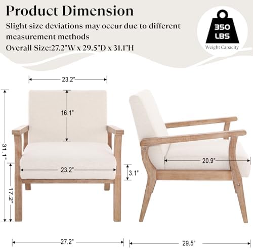 BESTANO Mid Century Modern Accent Chair Set of 2, Linen Upholstered Living Room Accent Armchair with Wood Frame, Farmhouse Chair for Living Room Bedroom, Ivory