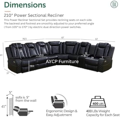 Power Recliner Sofa Sectional Sofa with LED Light for Living Room, Air Leather Reclining Corner Sectional Sofa Set, Cup Holder, Storage Console for Home Theater Seating (Black, Sectional+Chair)