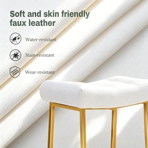 RNKSFX White & Gold Counter Height Bar Stools Set of 3 for Kitchen Counter Backless Kitchen Island Barstools with Upholstered Faux Leather Seat and Gold Base Modern 24 inch Bar Chairs No Back