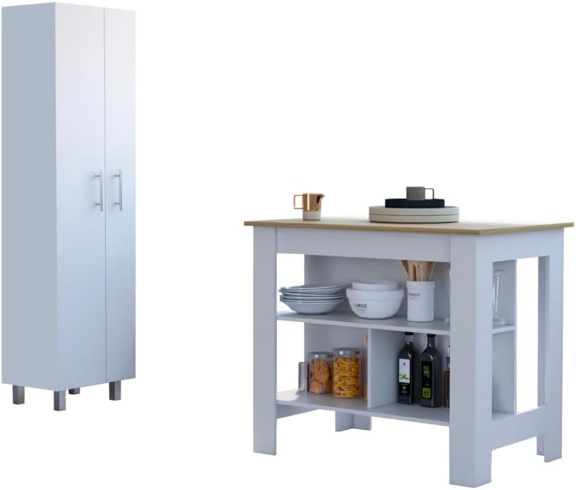 9-Shelf 2-Door 2-Piece Kitchen Set with Island and Pantry in White | Combines 9 shelves and 2 doors for expanded storage capacity