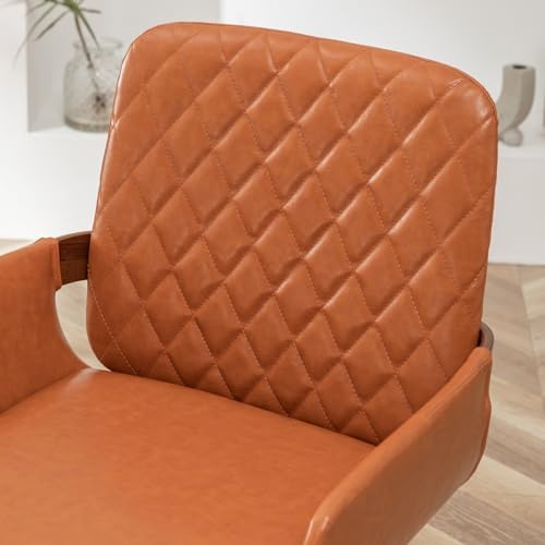 LUNLING Mid Century Modern Dining Room Chairs Set of 2 Accent Faux Leather Kitchen Chair Bentwood Frame with Armrest,Upholstered Seat,Metal Legs Chairs,Adjustable Foot for Kitchen Dining Desk(Orange)