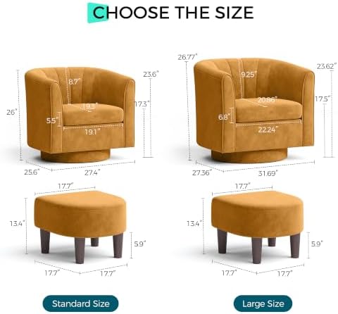 LINSY Large Swivel Accent Chair with Ottoman, Velvet Barrel Chair with Footrest, Modern Upholstered Comfy Reading Chair Armchair for Living Room, Bedroom, Study Room, Office, Yellow