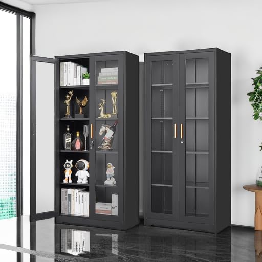 Polup Glass Display Cabinet with Lock, Metal Curio Cabinet with Tempered Glass Doors & Adjustable Shelves, Heavy-Duty China Cabinets for Living Room, School, Commercial, Black, Assembly Required